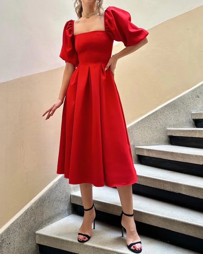 Red square neck bubble sleeve prom dress
